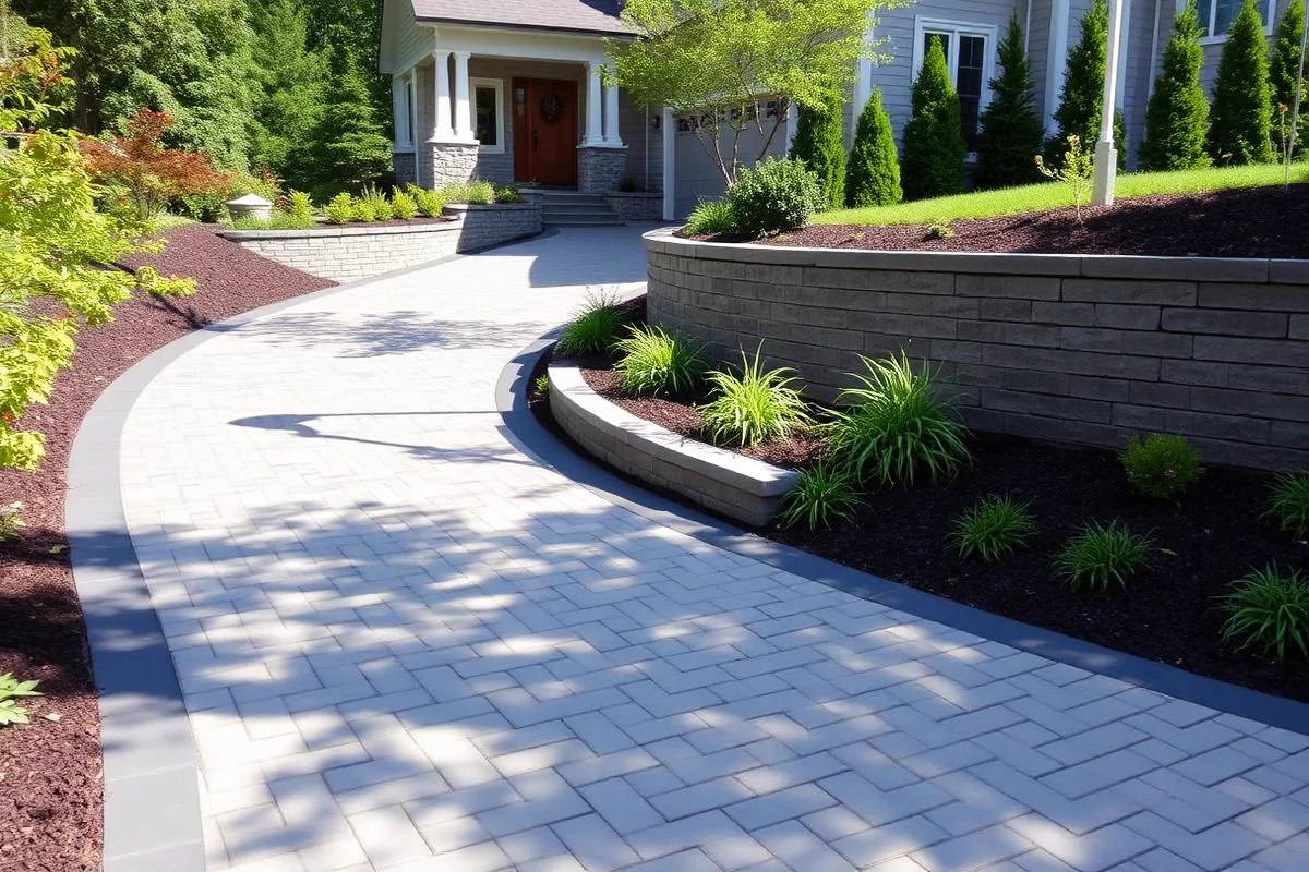 Paved driveway and hardscaping with clean edging beside a modern home