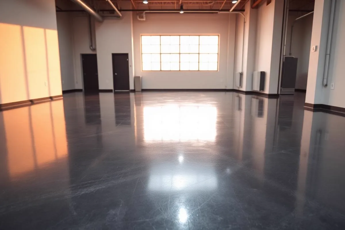 Glossy poured epoxy resin floor reflecting light across an interior space