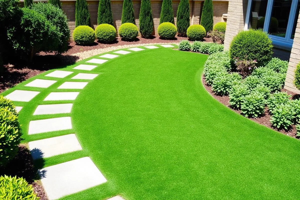 Artificial turf and instant lawn laid across a level, prepared garden bed