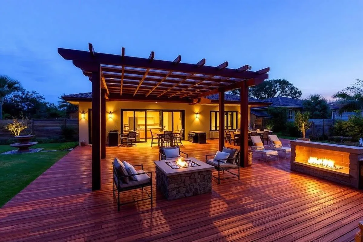 Outdoor living area with timber deck, pergola and built-in braai