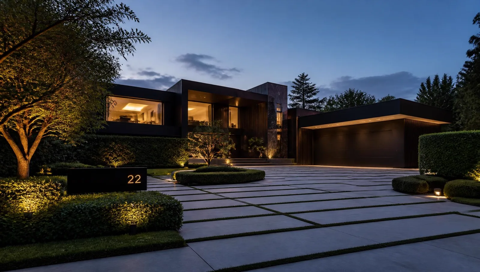 Premium landscaped estate garden with lawn, planting and paved terrace